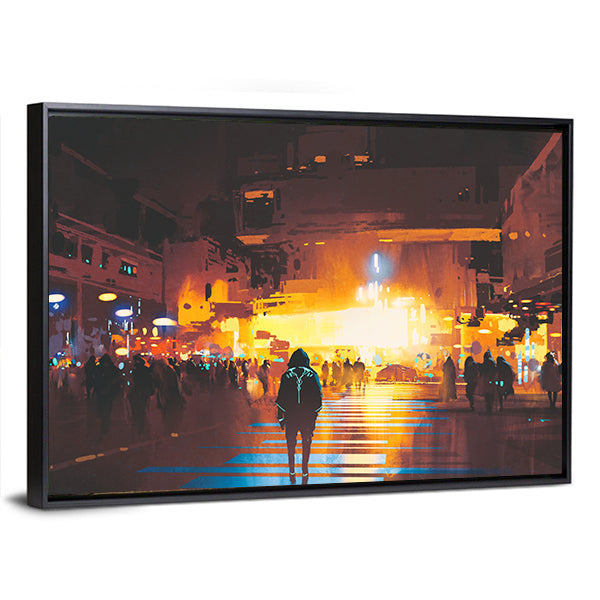 Lone Hooded Figure in Neon City Canvas Wall Art