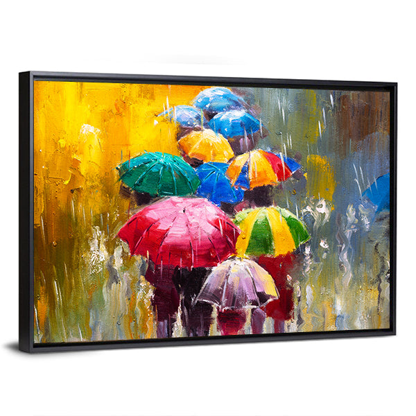 Rainy Street with Colorful Umbrellas Canvas Wall Art in gray, yellow and multicolor, framed canvas, product view on a white background