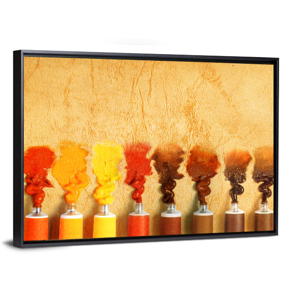 Eight Paint Tubes in Warm Yellow-brown Gradient Canvas Wall Art