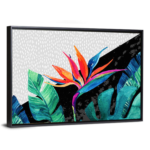 Tropical Minimalist Bird of Paradise and Monstera Canvas Wall Art