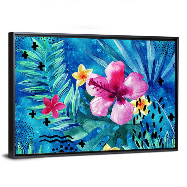 Tropical Hibiscus and Palm Leaf Pattern Canvas Wall Art in green, blue and pink, framed canvas, product view on a white background