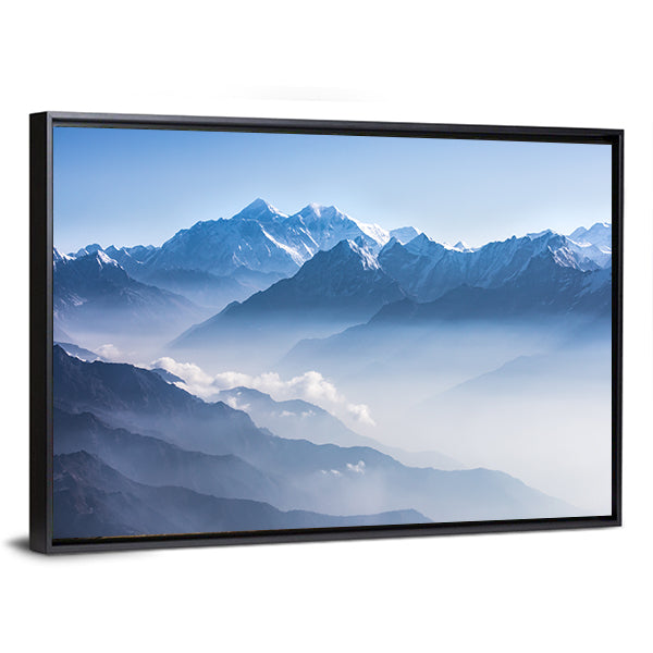 Daylight View of Mount Everest Canvas Wall Art in white, gray and blue, framed canvas, product view on a white background