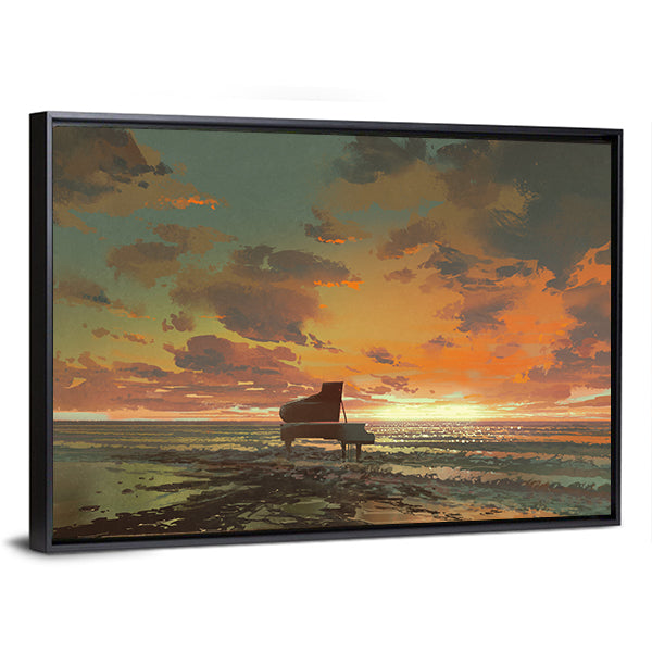 Surreal Piano On Beach Sunset Canvas Wall Art