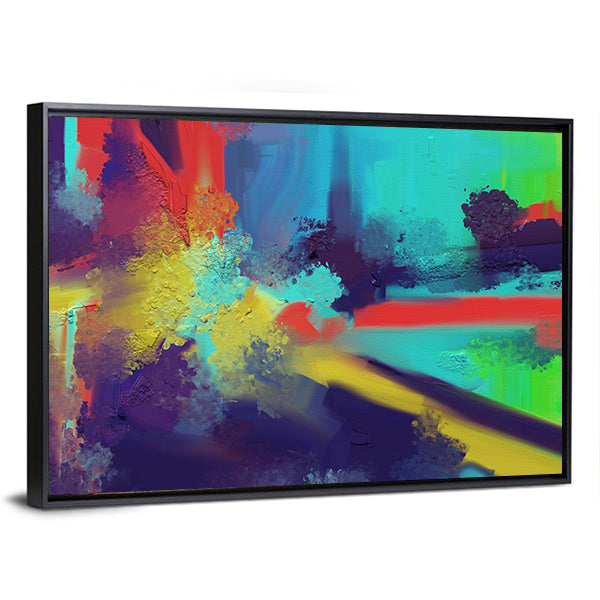 Expressionist Color Burst with Yellow-white Highlight Canvas Wall Art in yellow, blue and multicolor, framed canvas, product view on a white background
