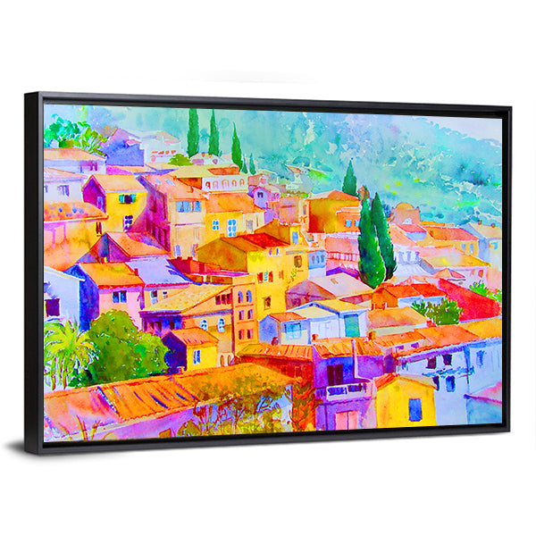 Village View On Hill Mountain Canvas Wall Art