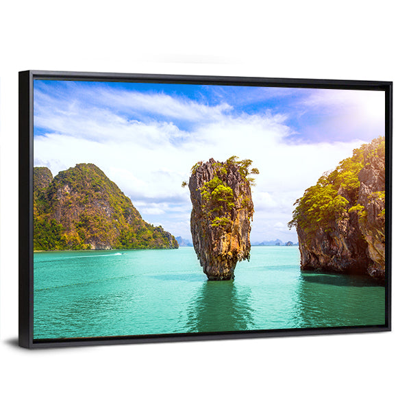 James Bond Island In Phang Nga Bay Phuket Thailand Canvas Wall Art in brown, green and blue, framed canvas, product view on a white background