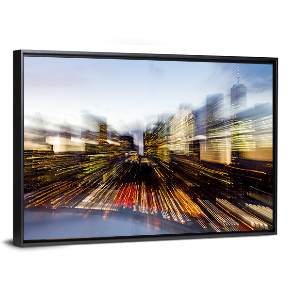 New York City Downtown Building Lights At Dusk In Manhattan Canvas Wall Art in black, yellow and blue, framed canvas, product view on a white background