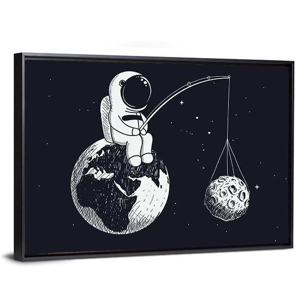 Little Astronaut Sitting on Earth Canvas Wall Art in black and white, framed canvas, product view on a white background