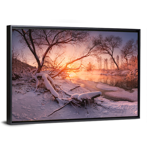 Frozen River At Sunset Canvas Wall Art