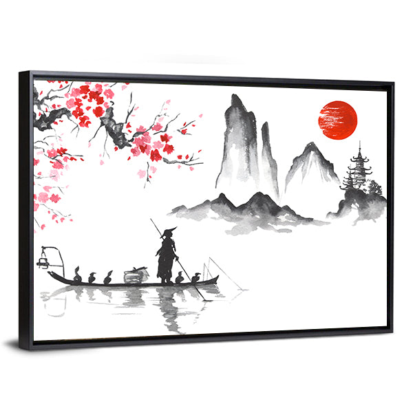 Japanese Ink Wash Fisherman at Sunrise Canvas Wall Art