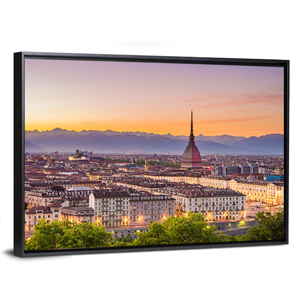 Torino Cityscape In Turin Italy Canvas Wall Art in gray, orange and blue, framed canvas, product view on a white background