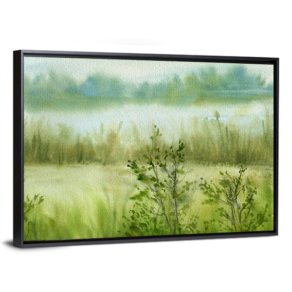 Fog At River With Grass Canvas Wall Art
