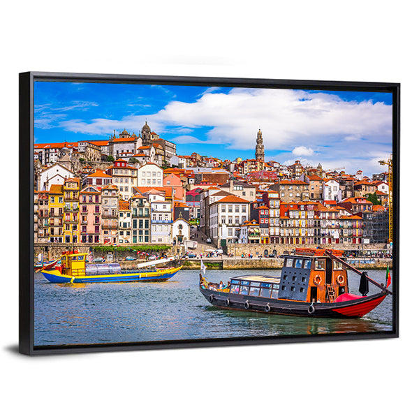 Porto Across the Douro River Canvas Wall Art in brown, orange and blue, framed canvas, product view on a white background
