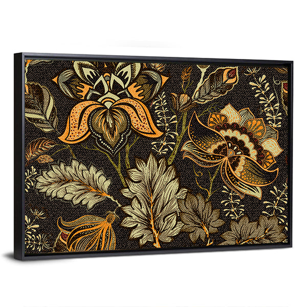 Vintage Ethnic Floral Texture Canvas Wall Art in black, beige and orange, framed canvas, product view on a white background