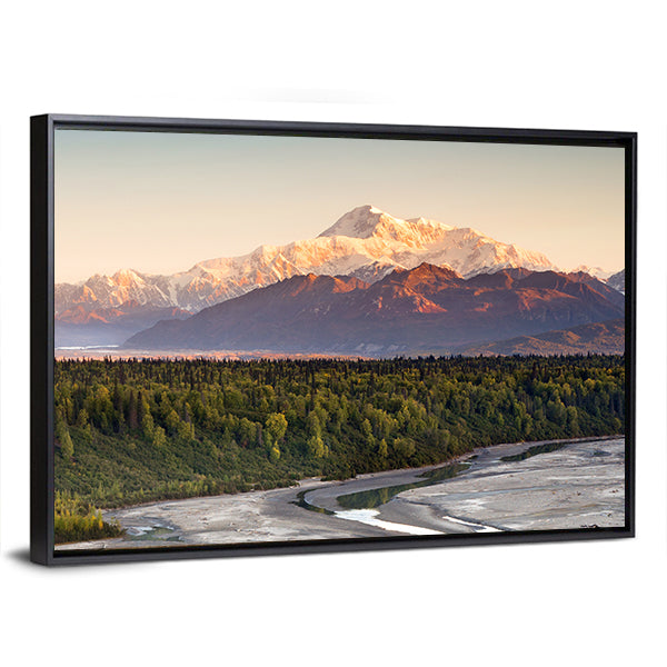 Denali Range And Mt McKinley In Alaska Canvas Wall Art in white, brown and green, framed canvas, product view on a white background