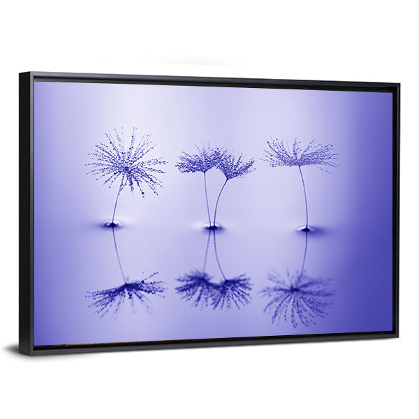 Dandelion Seeds on Water Canvas Wall Art in blue and purple, framed canvas, product view on a white background
