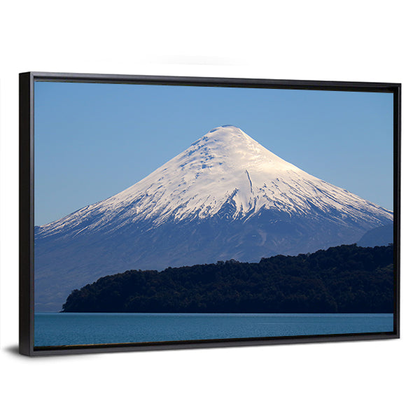 Snow-capped Volcano Over Calm Lake Canvas Wall Art in white and blue, framed canvas, product view on a white background