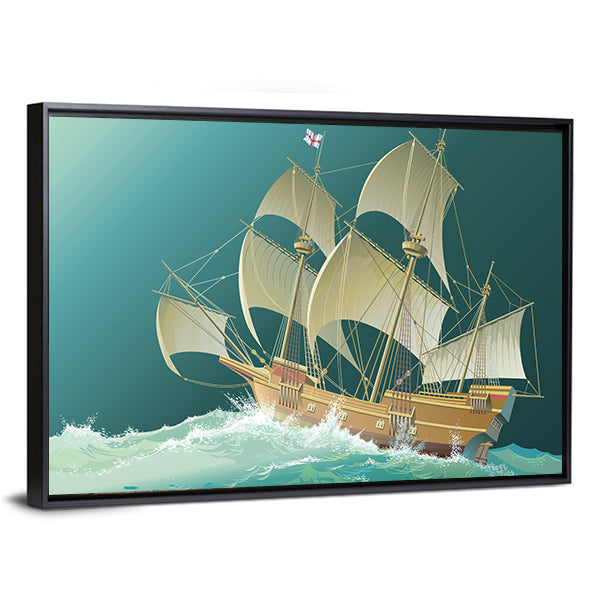 Galleon Mayflower in Heavy Sea Canvas Wall Art in beige, green and blue, framed canvas, product view on a white background