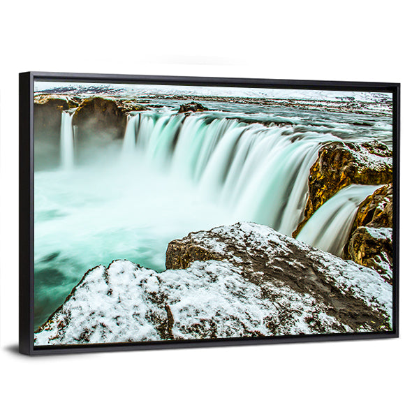 Godafoss Waterfall In Iceland Canvas Wall Art in white, gray and blue, framed canvas, product view on a white background