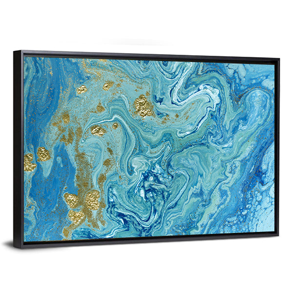 Liquid Marble Pattern Canvas Wall Art in white, gold and blue, framed canvas, product view on a white background