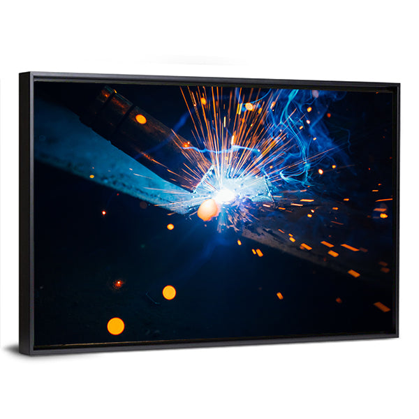 Welding Sparks with Blue Electric Arc Canvas Wall Art in black, orange and blue, framed canvas, product view on a white background