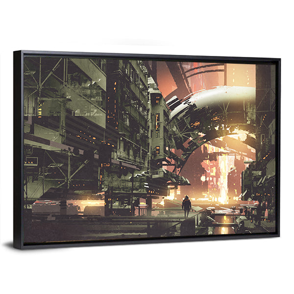 Cyberpunk City With Futuristic Buildings Canvas Wall Art