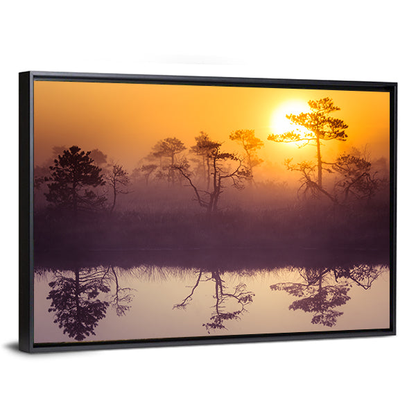 Sunrise Over Misty Lake Canvas Wall Art in orange, yellow and purple, framed canvas, product view on a white background