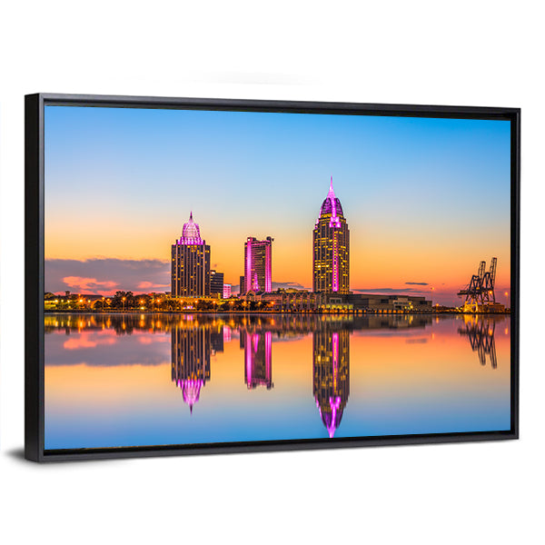 Alabama Downtown Skyline at Dusk Canvas Wall Art in orange, blue and purple, framed canvas, product view on a white background
