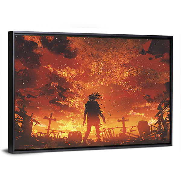 Zombie Silhouette in Burnt Cemetery Canvas Wall Art in black, red and orange, framed canvas, product view on a white background