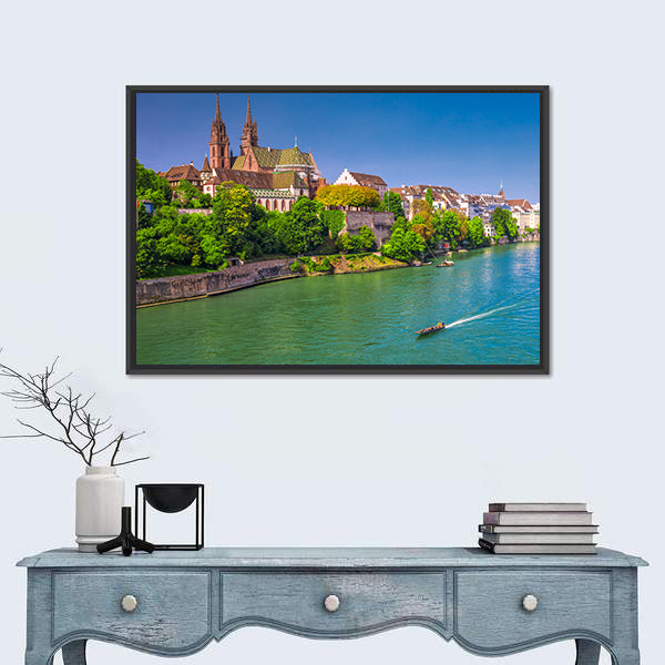 Old City Center Of Basel With Munster Cathedral Switzerland Canvas Wall Art