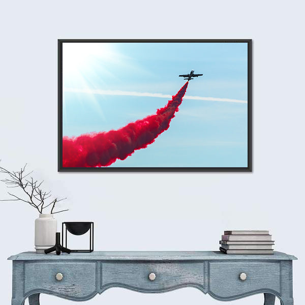 Airplane fly With Red Trail Smoke Canvas Wall Art