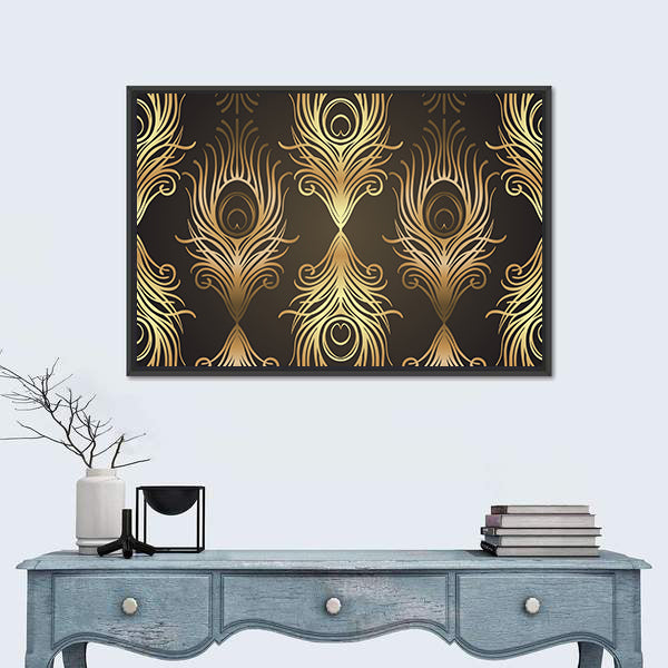 Gold and Black Peacock Feather Mandala Canvas Wall Art