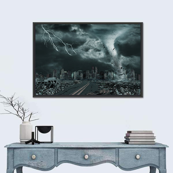 Tornado Over Ruined City Skyline Canvas Wall Art