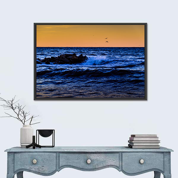 Blue Ocean Waves at Sunset Canvas Wall Art