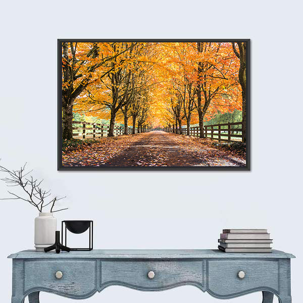 Autumn Tree Tunnel with Golden Leaves Canvas Wall Art