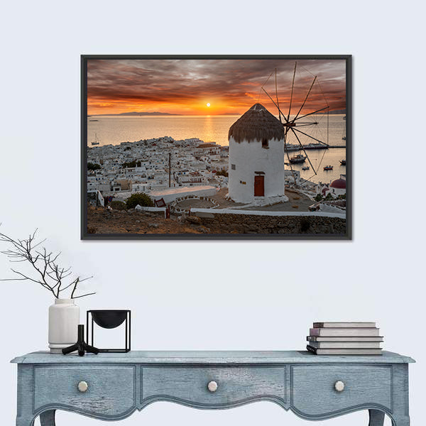Mykonos Sunset with White Windmill Canvas Wall Art
