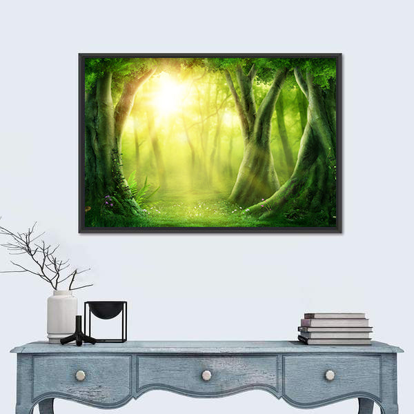 Dark Magic Forest With Sunshine Canvas Wall Art