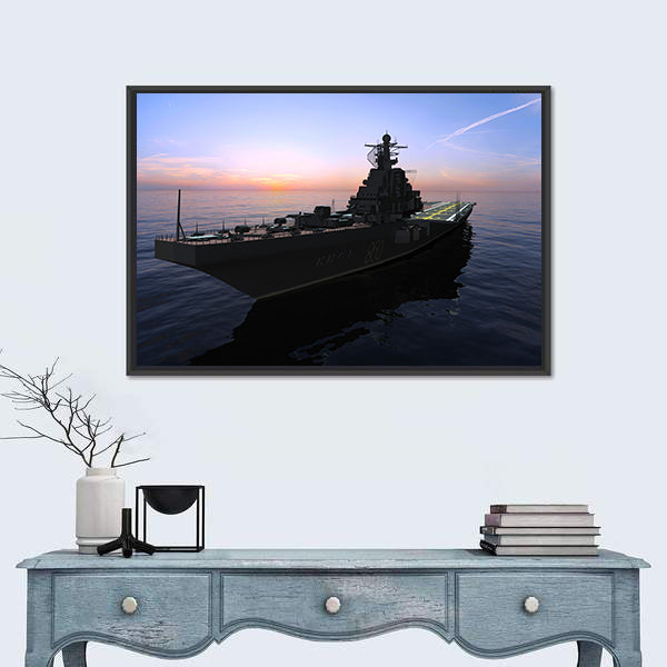 Naval Warship at Sunset Canvas Wall Art
