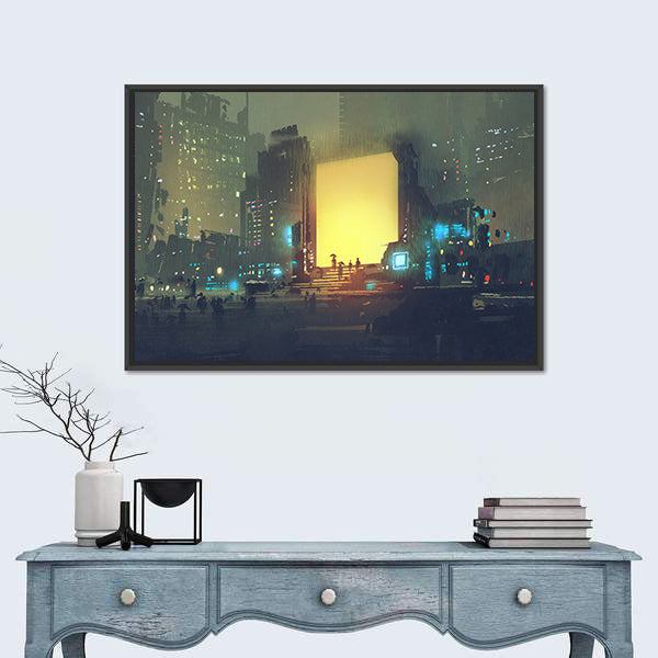 Rain-soaked Futuristic Cityscape Canvas Wall Art