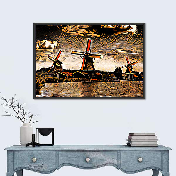 Three Vintage Windmills at Sunset Canvas Wall Art