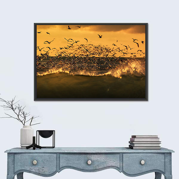 Seagulls Hovering Over Stormy Sea Canvas Wall Art