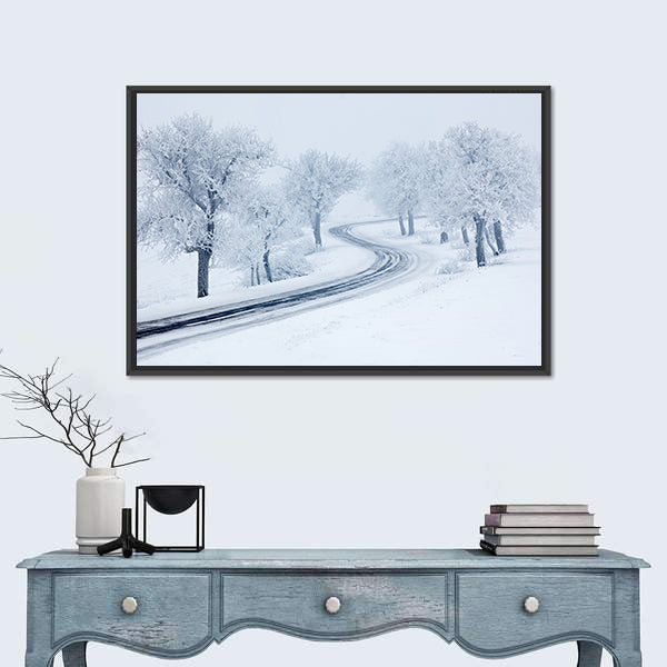 Snowy Winter Road Canvas Wall Art