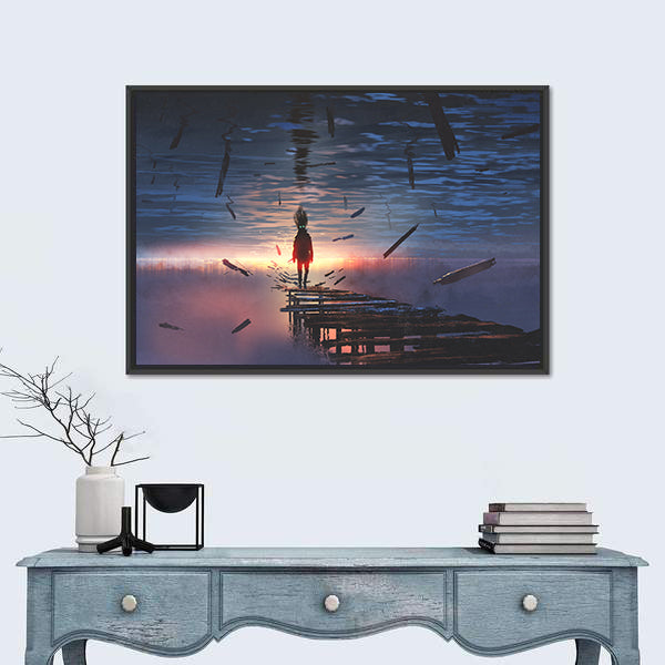 Hooded Figure on Broken Bridge Canvas Wall Art