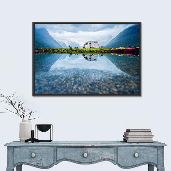 Motorhome by Mountain Lake, Norway Canvas Wall Art