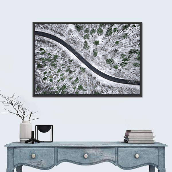Winter Road In Snowy Forest Canvas Wall Art