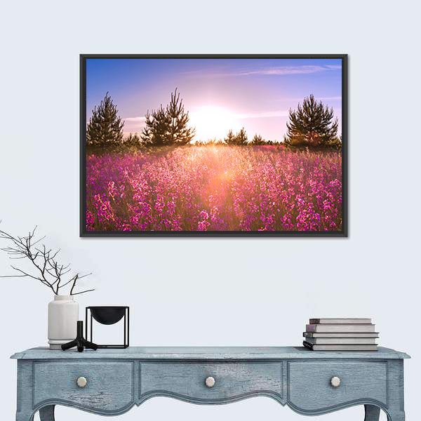 Blossoming Meadow at Sunrise Canvas Wall Art