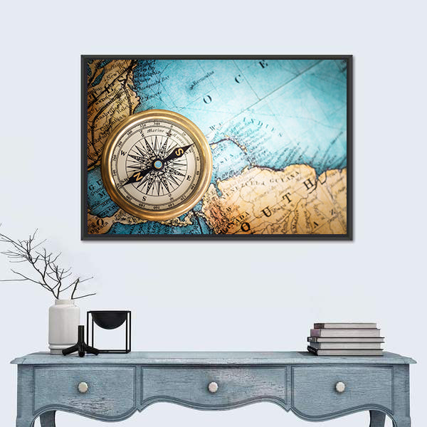 Brass Compass on Antique World Map Canvas Wall Art