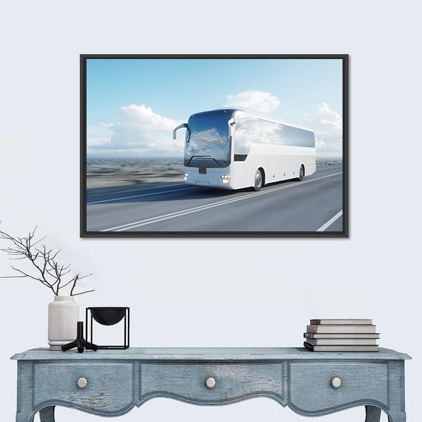 White Coach Bus on Highway Canvas Wall Art