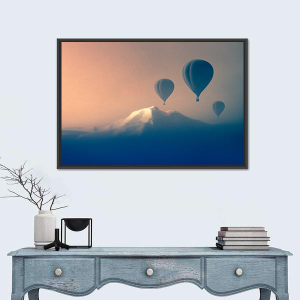 Silhouette Of Air balloon Flying In The Mountains Canvas Wall Art
