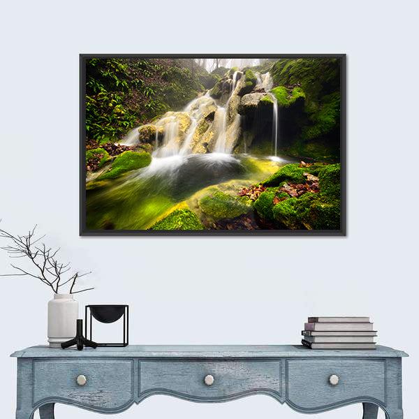 Forest Waterfall with Moss-covered Rocks Canvas Wall Art